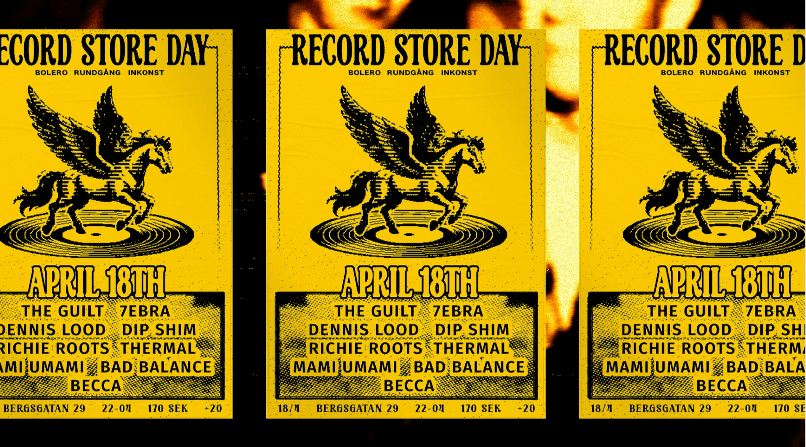 A yellow poster for "Record Store Day" on April 18th features a winged horse above a vinyl record, listing artists and event details.