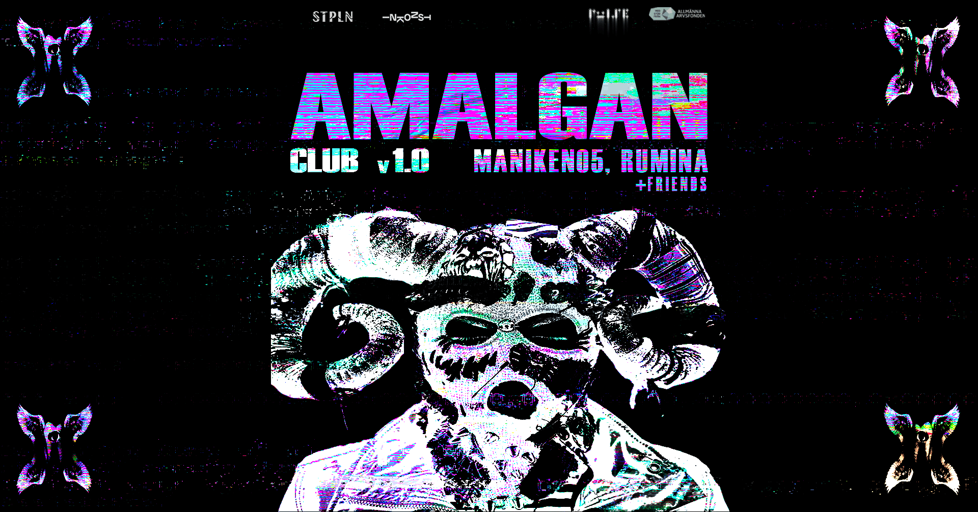A colorful, glitch-style graphic features a masked figure with ram horns, surrounded by text promoting "AMALGAN CLUB v1.0" with additional event details.