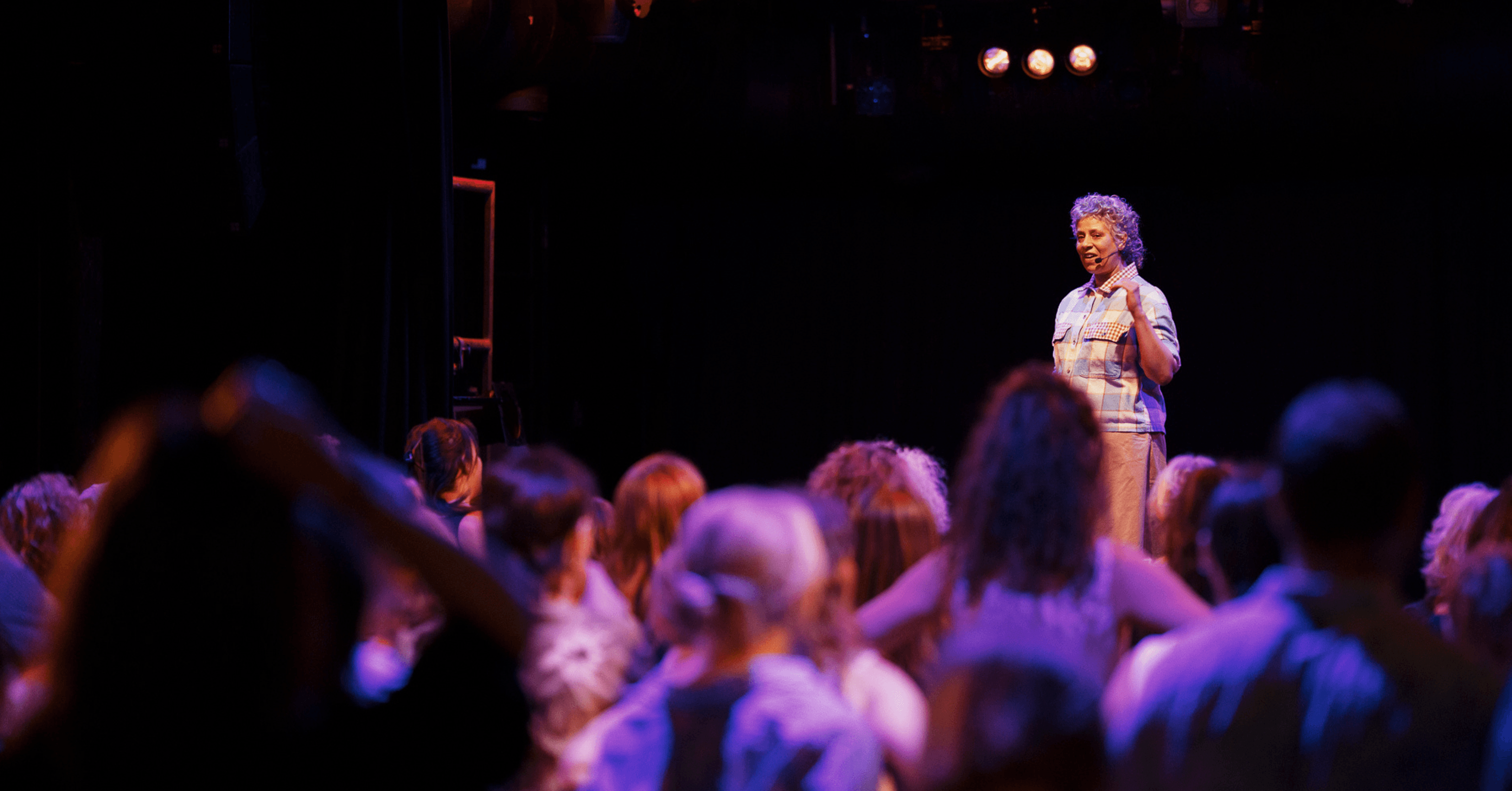 A person is speaking on stage to an audience in a dimly lit venue.