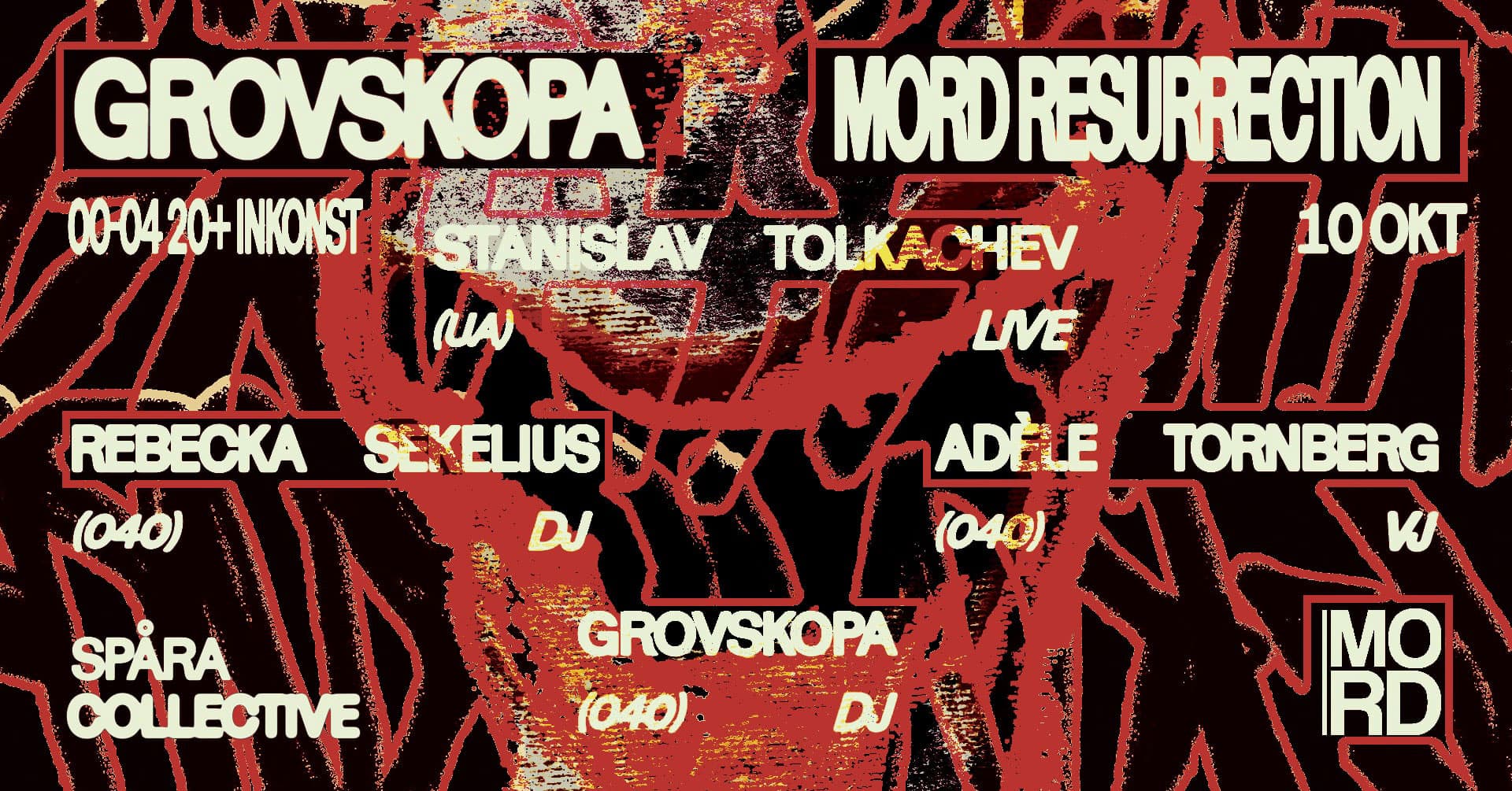 A poster for "Mord Resurrection" event featuring several DJs and performers, set for October 10 at Inkonst, with vibrant abstract graphics.