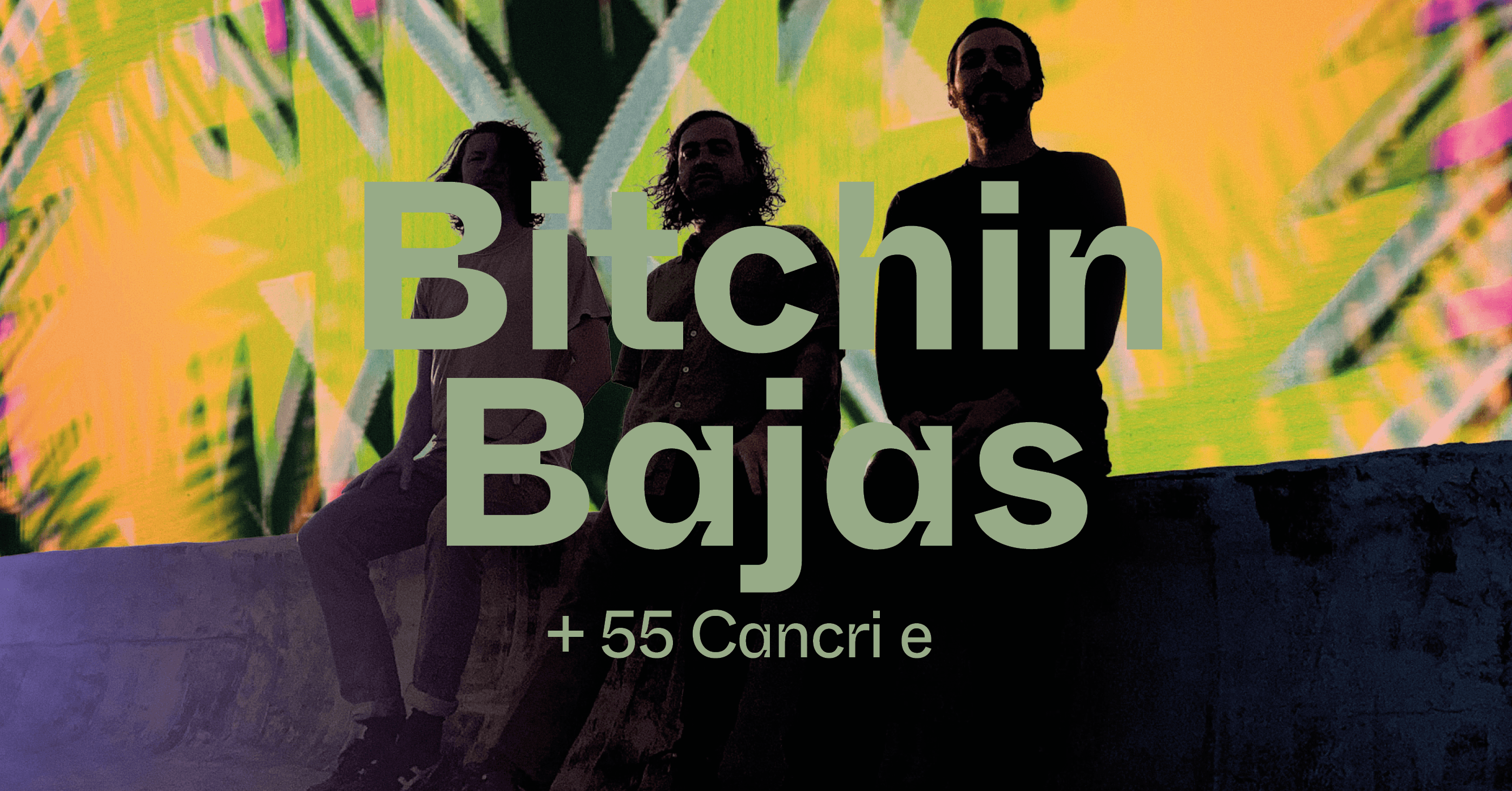 Three people stand in front of a colorful, abstract background with the text "Bitchin Bajas + 55 Cancri e" overlaid.