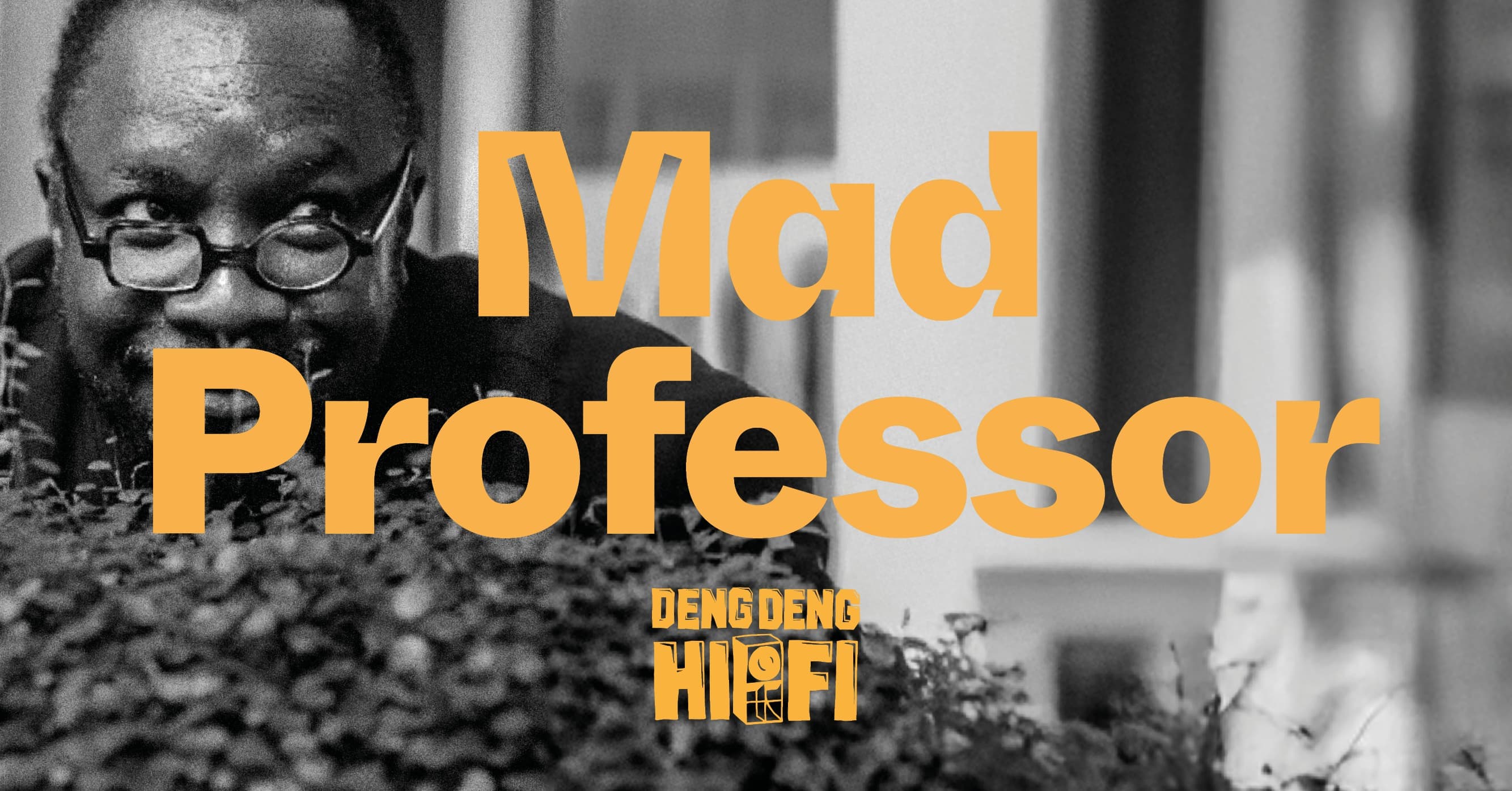 A man with peculiar glasses is partially seen behind bushes, with the text "Mad Professor" and "Deng Deng Hi-Fi" in bold, orange letters.