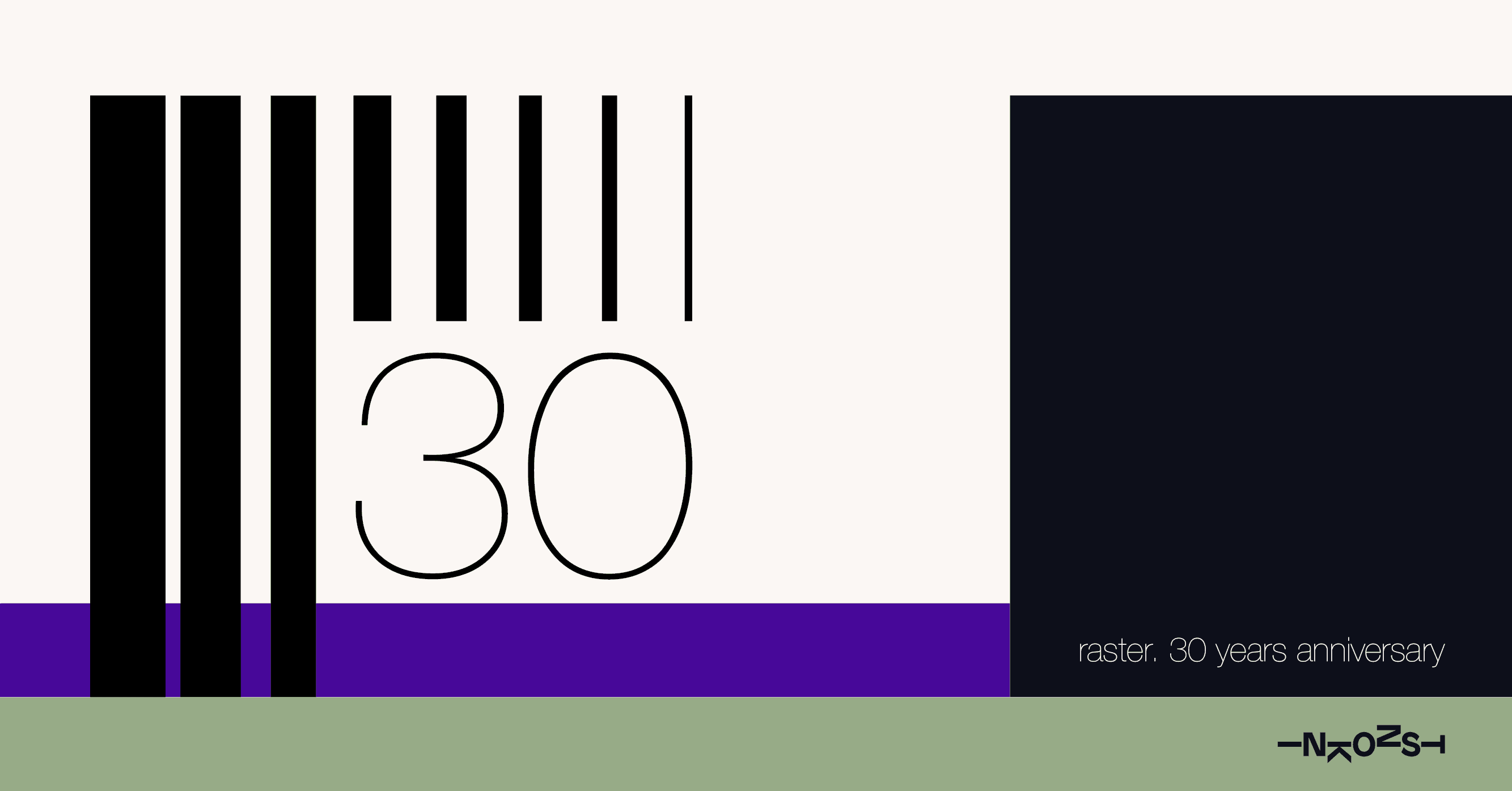 A graphic design featuring a large number "30" with vertical black bars, a purple stripe, and text reading "raster. 30 years anniversary."