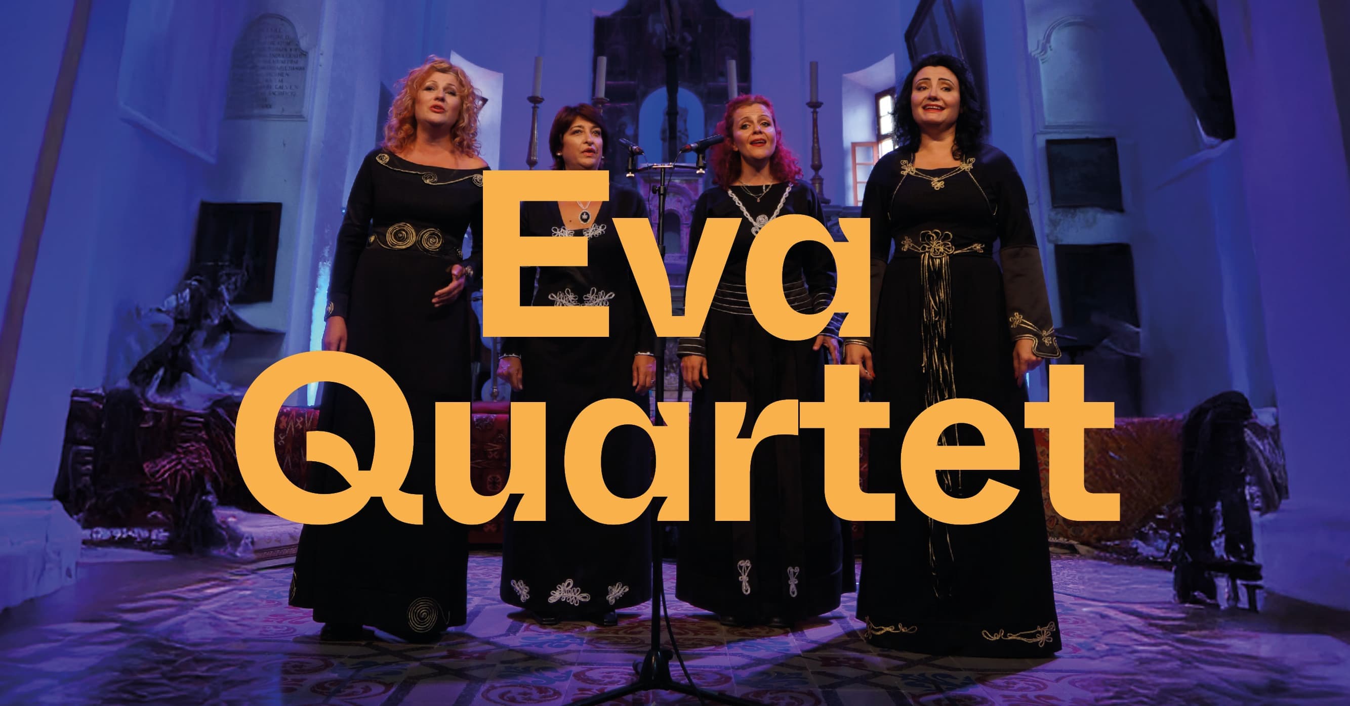Four women in black dresses perform in a dimly lit cathedral, with "Eva Quartet" in large text over the image.
