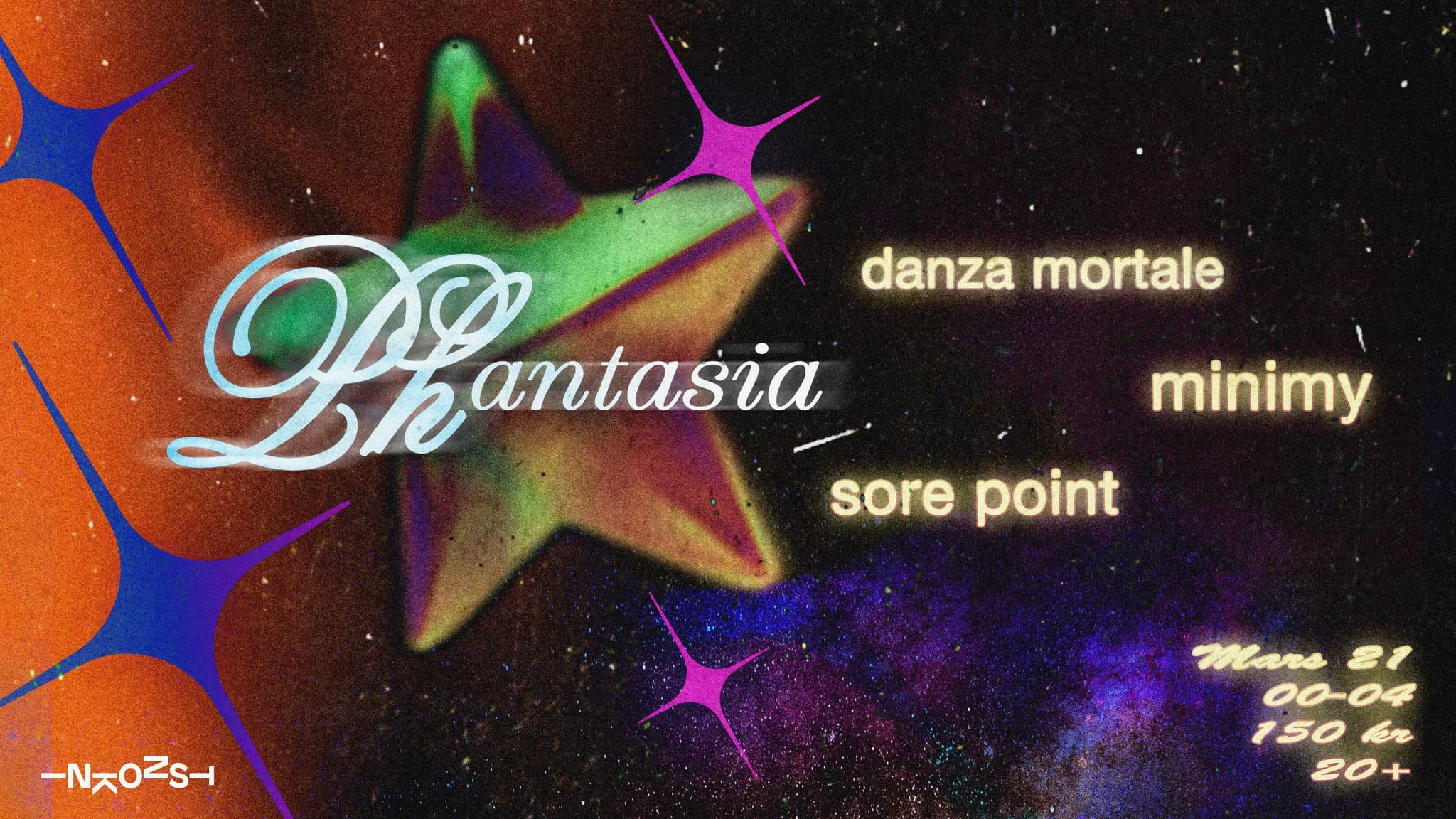 A colorful cosmic-themed event poster featuring the word "Phantasia," with stars and names of performers like "danza mortale," "minimy," and "sore point."