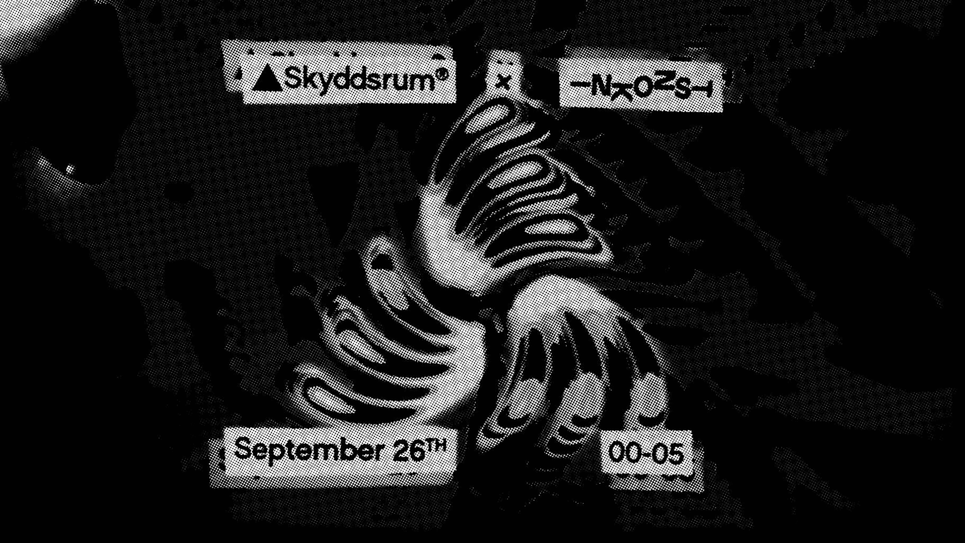 Abstract design with swirling shapes and text boxes.