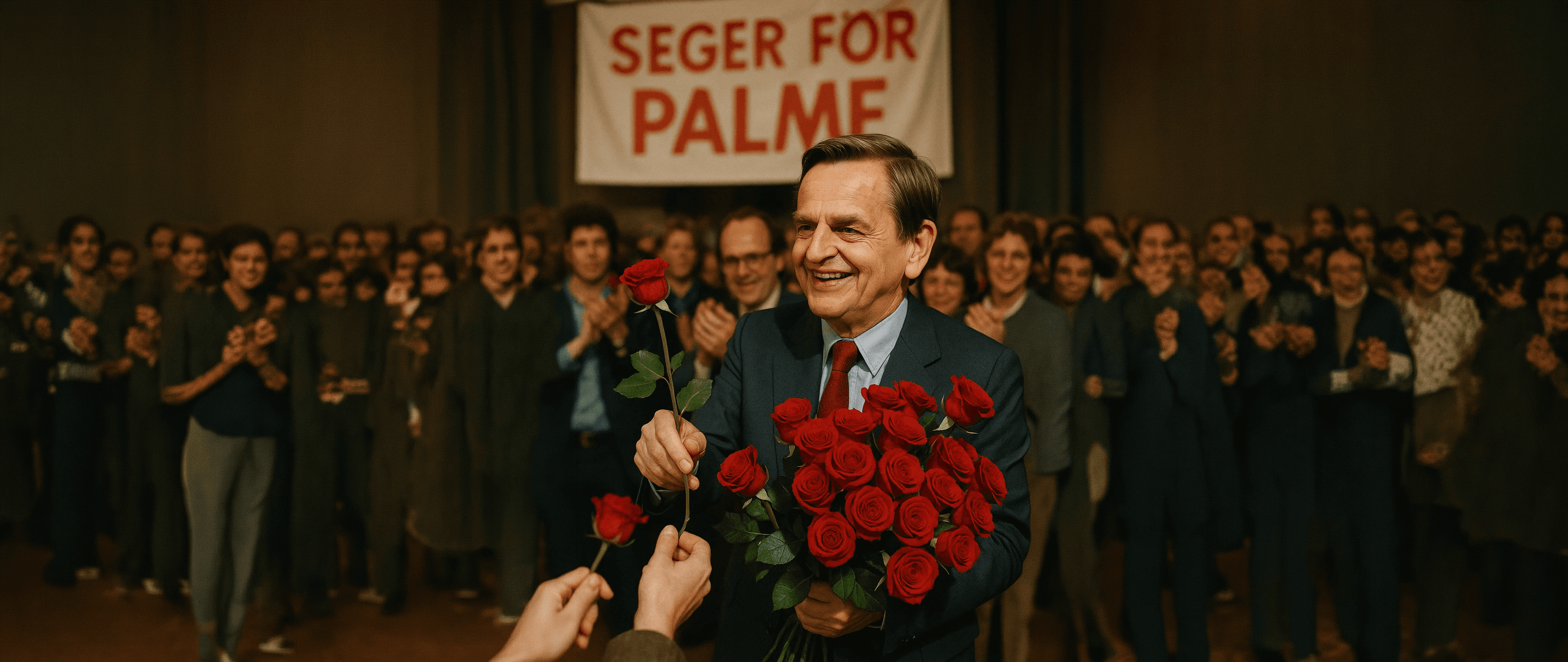 A man smiling and holding red roses stands in front of a cheering crowd, with a banner reading "SEGER FÖR PALME" in the background.