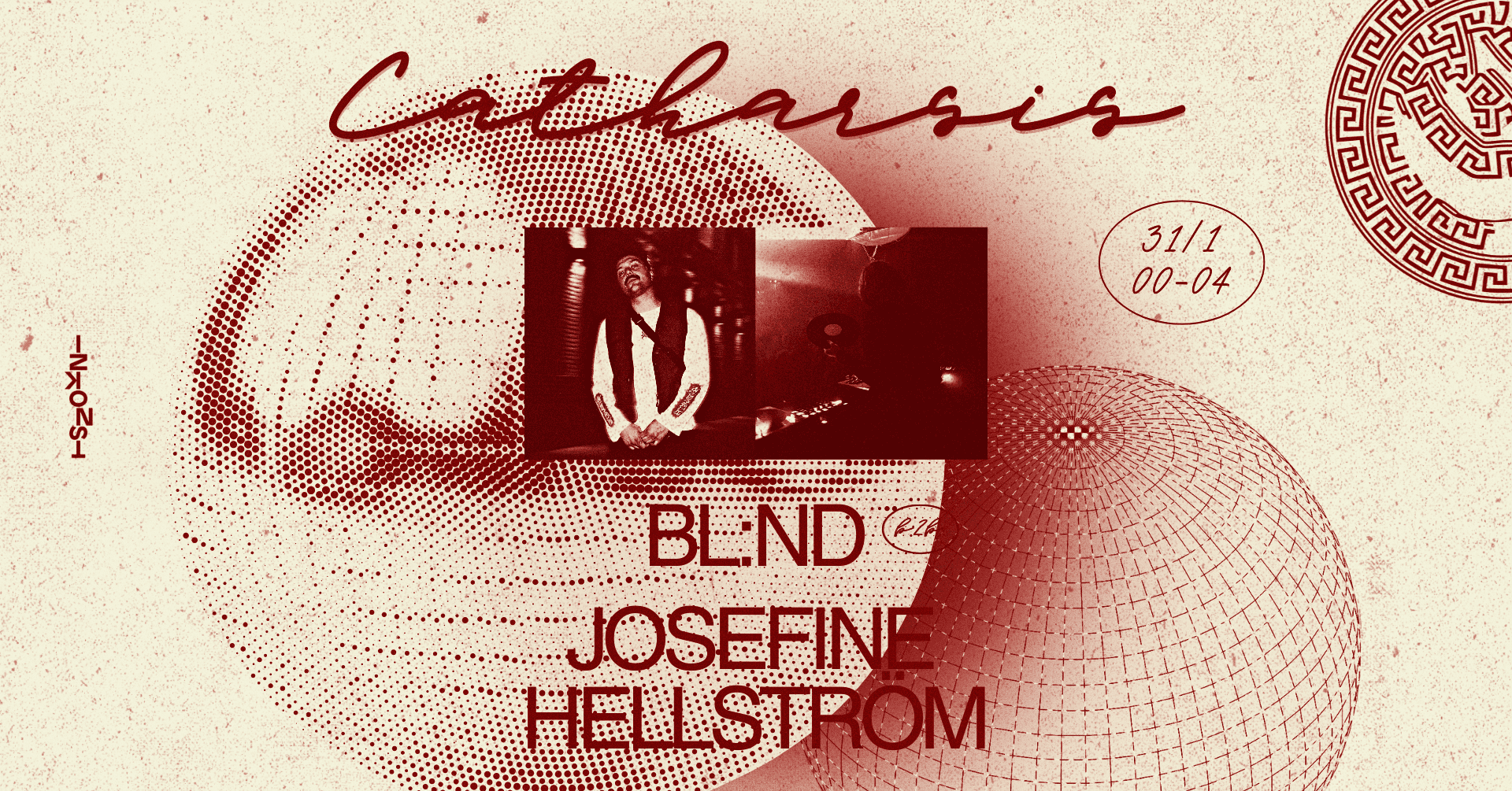 A stylized event poster with the title "Catharsis" features two musicians, BLND and Josefine Hellstrom, and includes abstract geometric designs.