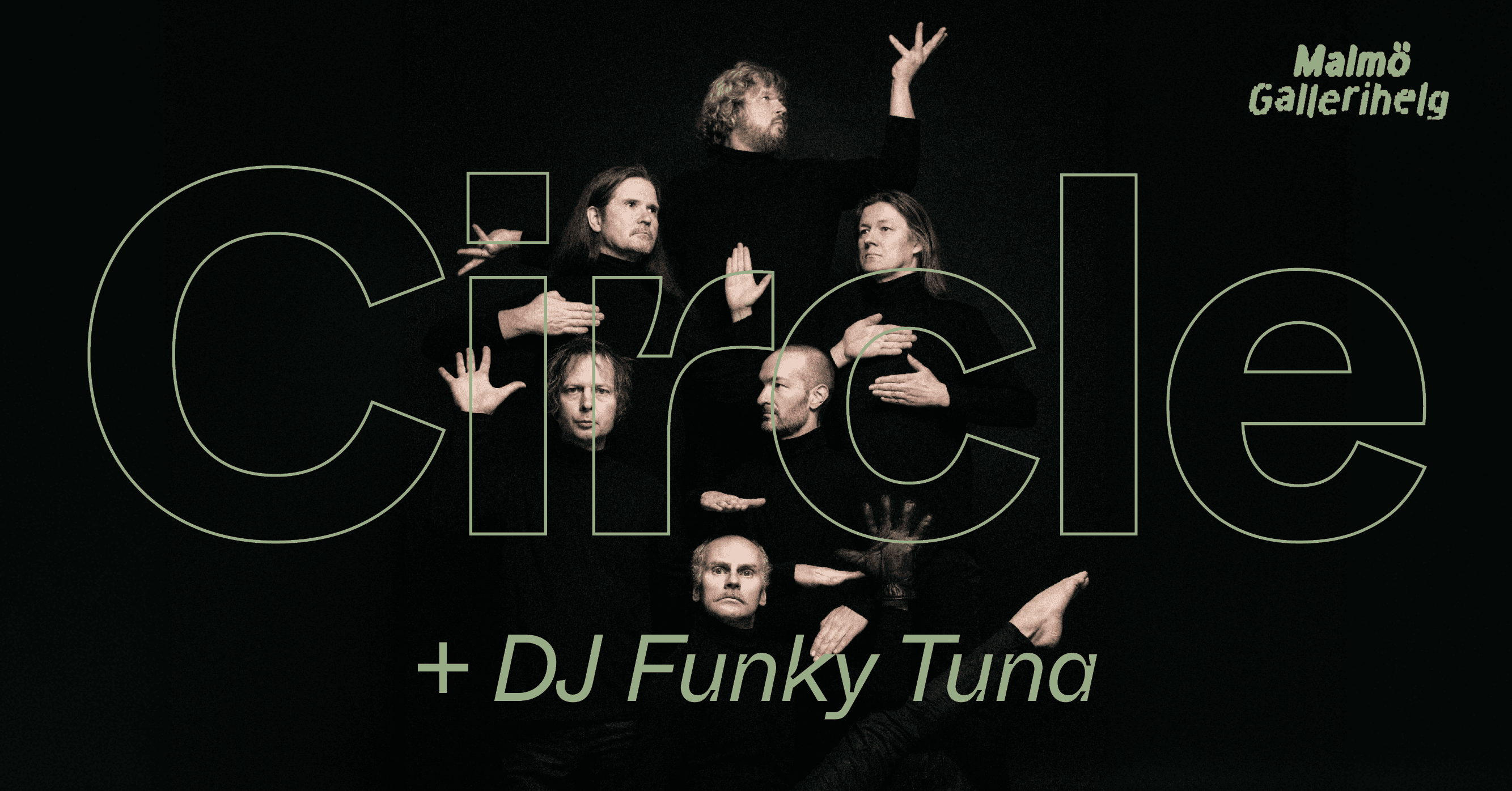 A group of six people in black outfits form a pyramid shape, with the word "Circle" and "+ DJ Funky Tuna" overlaid in large text.