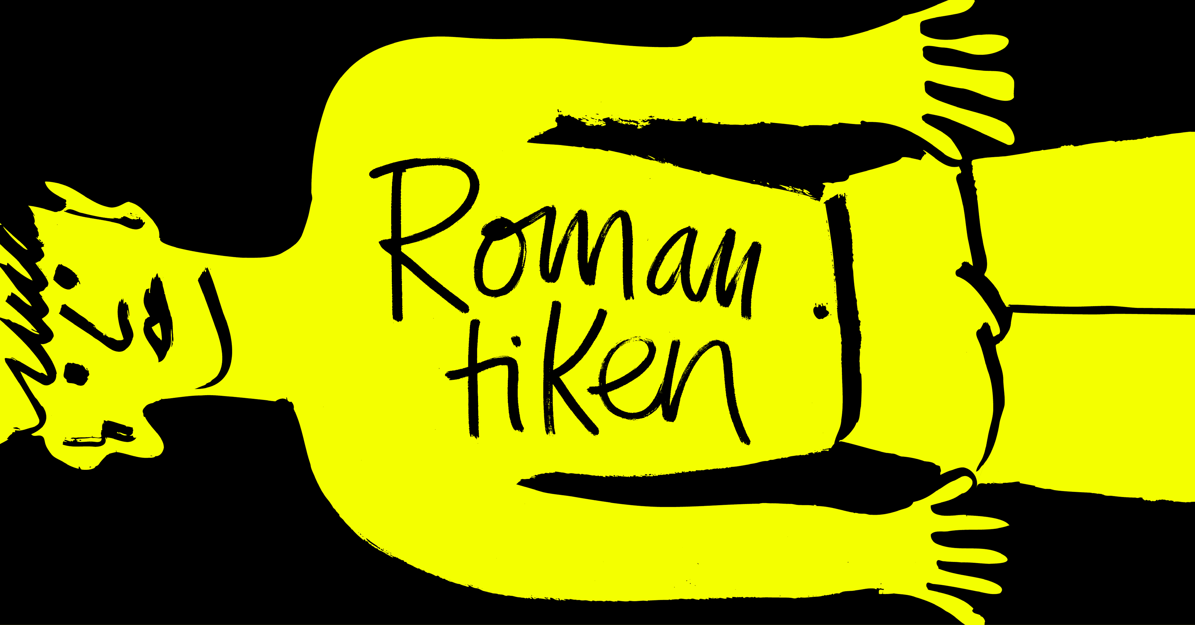 A yellow, abstract human figure with "Romantiken" written on its torso against a black background.