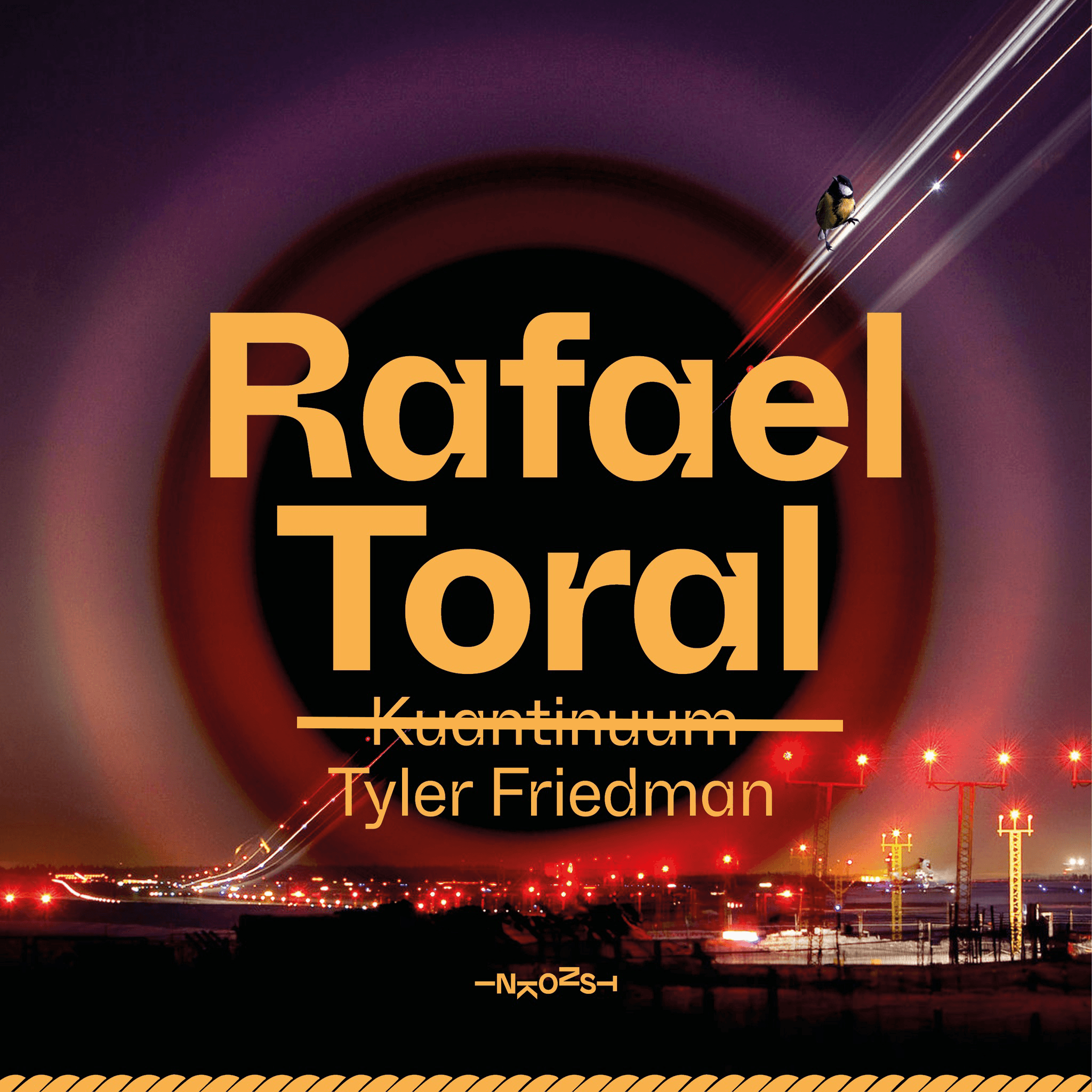 The image features the text "Rafael Toral" and "Tyler Friedman" over a background with a dark circle, bright light streaks, and city lights.
