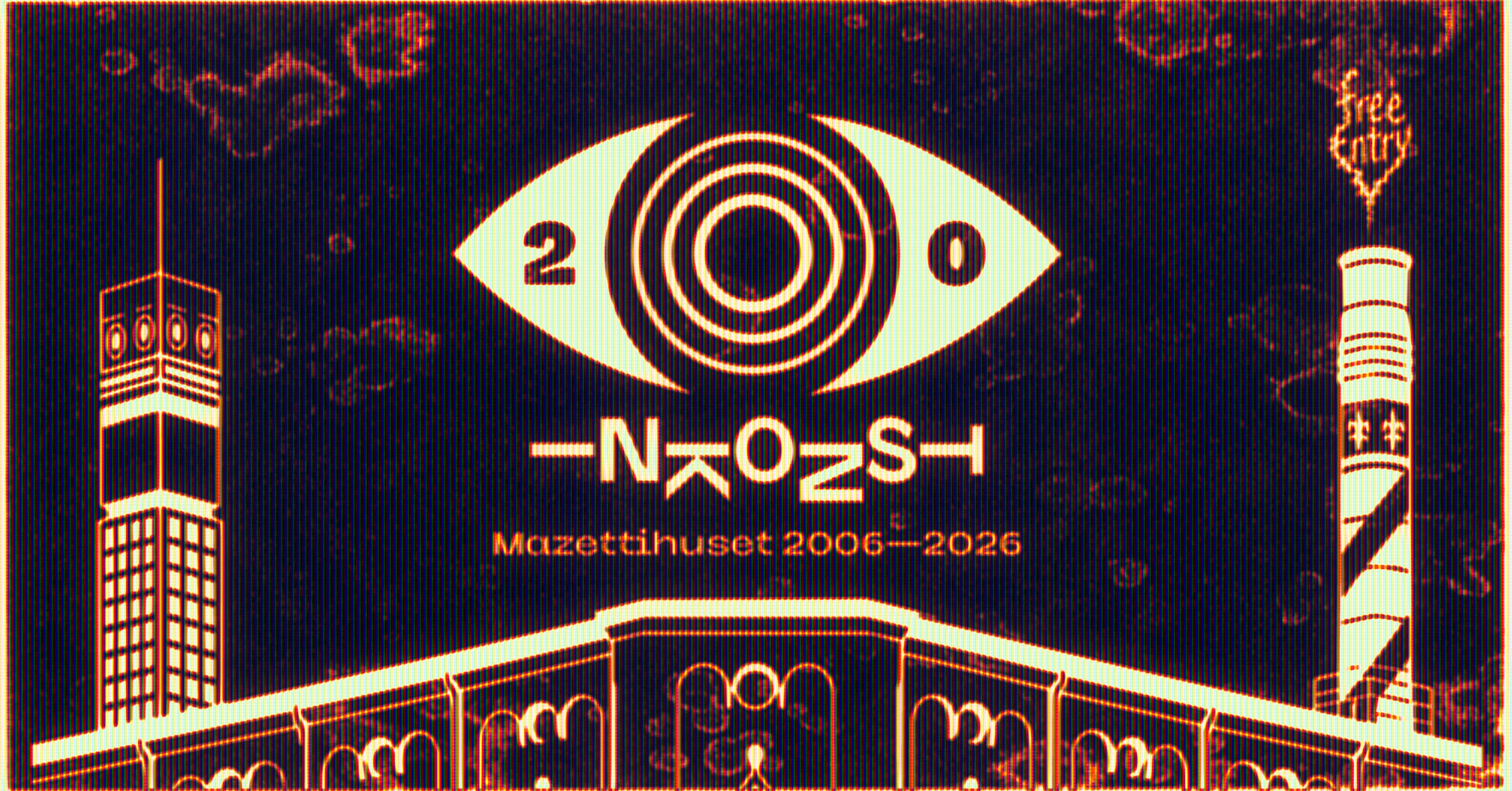 A stylized design with a central eye, geometric buildings, and text reading "Mazettihuset 2006–2026" and "Free Entry."